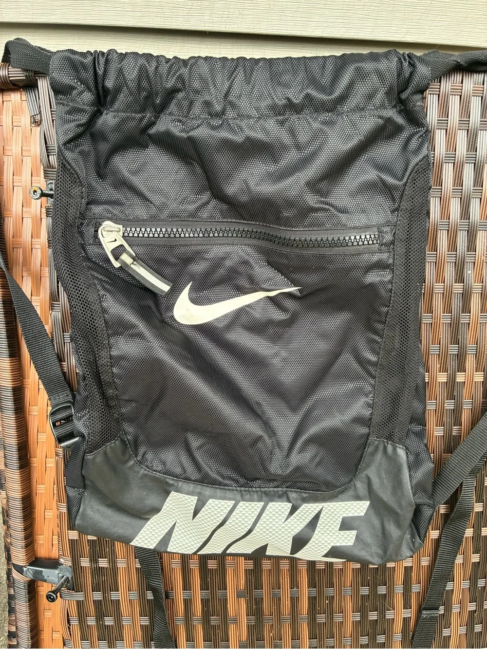 Vtg Y2K Nike Black Drawstring Backpack with White Logos